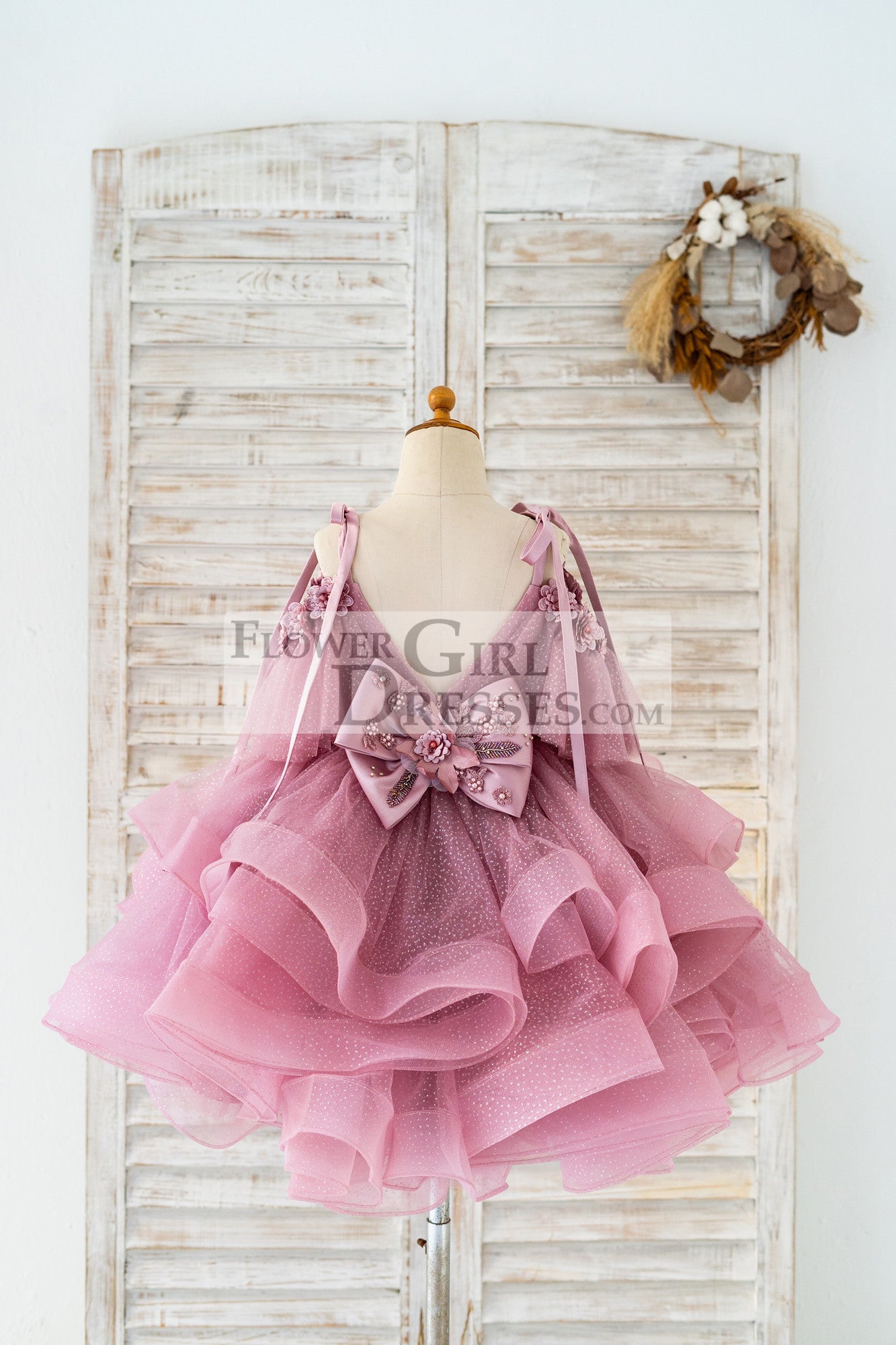 Mauve Glittering Tulle Spaghetti Straps V Back Wedding Flower Girl Dress Kids Party Dress