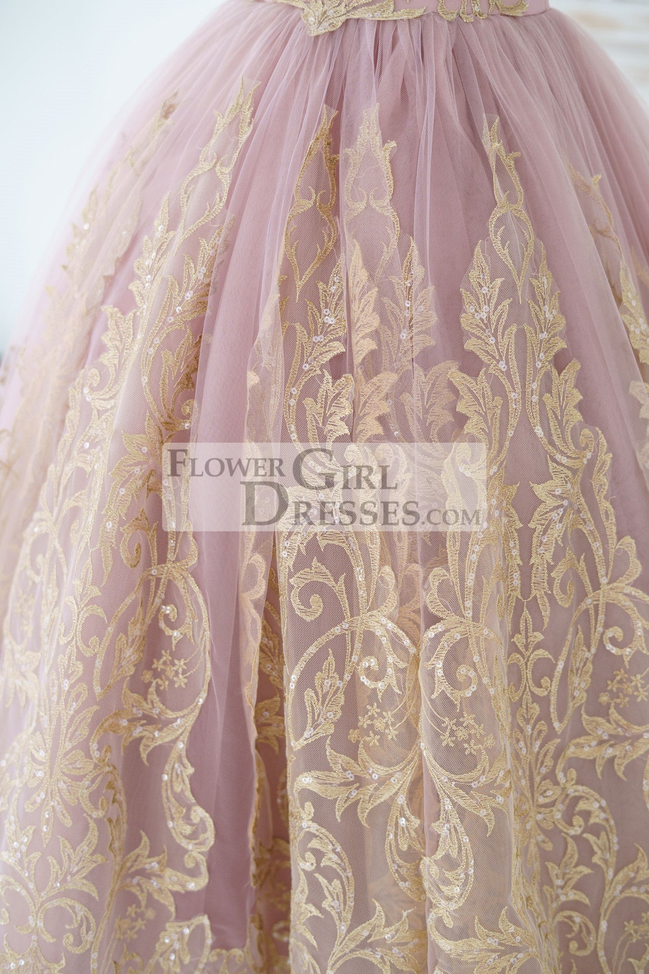Mauve Tulle Gold Lace Sheer Back Wedding Flower Girl Dress Kids Party Dress