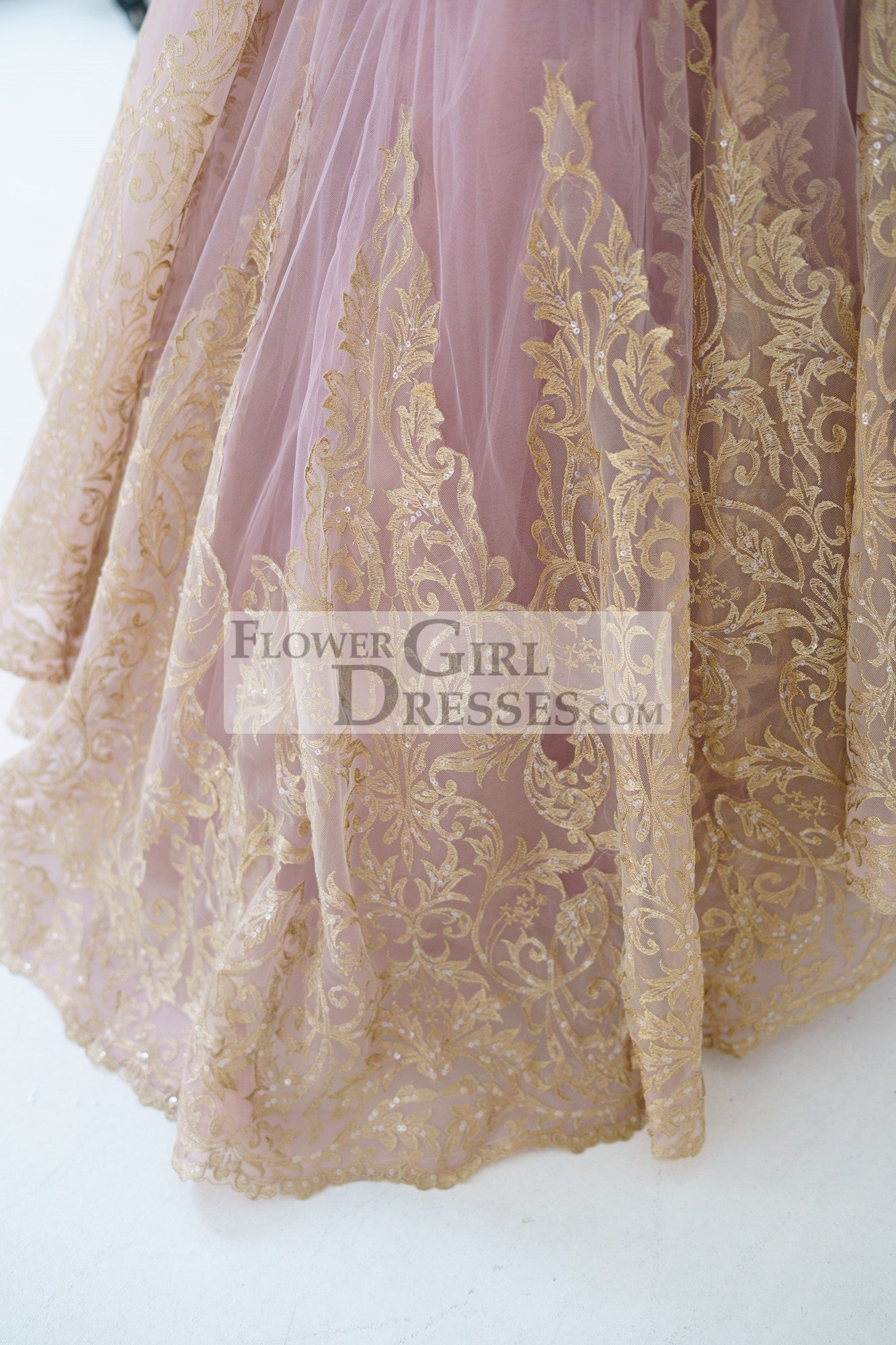 Mauve Tulle Gold Lace Sheer Back Wedding Flower Girl Dress Kids Party Dress