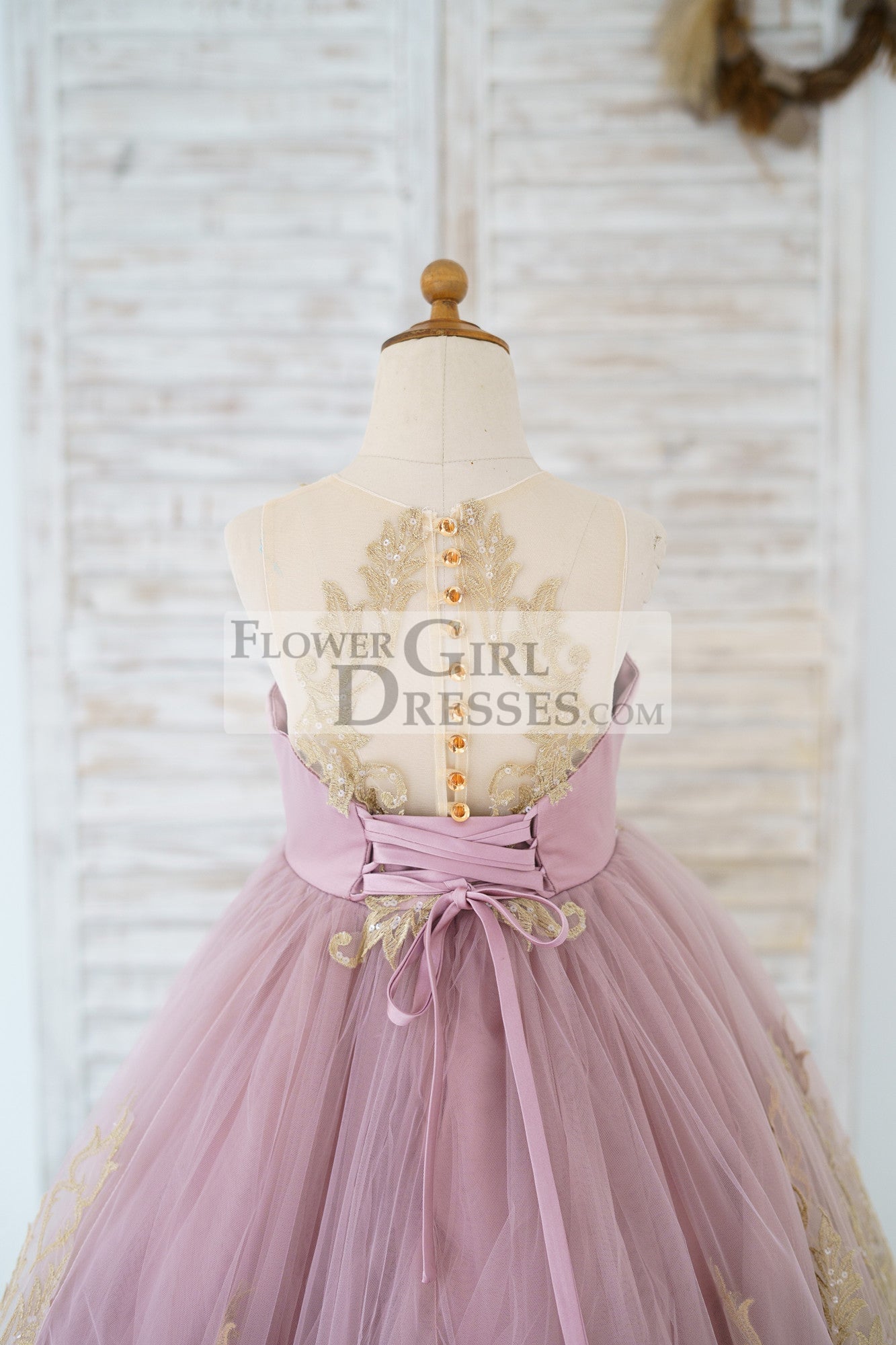Mauve Tulle Gold Lace Sheer Back Wedding Flower Girl Dress Kids Party Dress