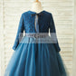 Navy Blue Lace Tulle Long Sleeves Wedding Flower Girl Dress