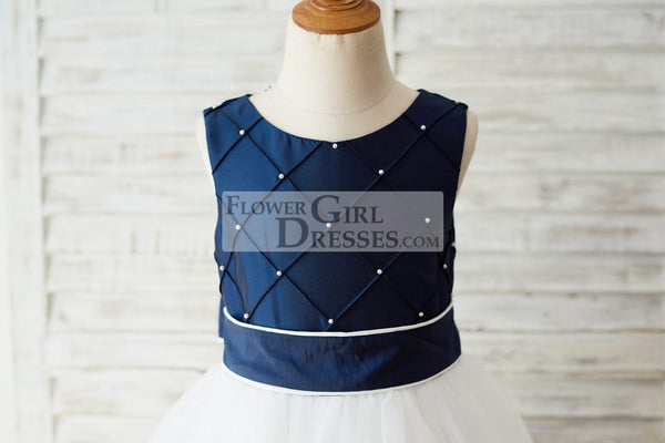 navy blue & white dress Navy Blue Taffeta Ivory Tulle Wedding Party Flower Girl Dress, Pearls 5T