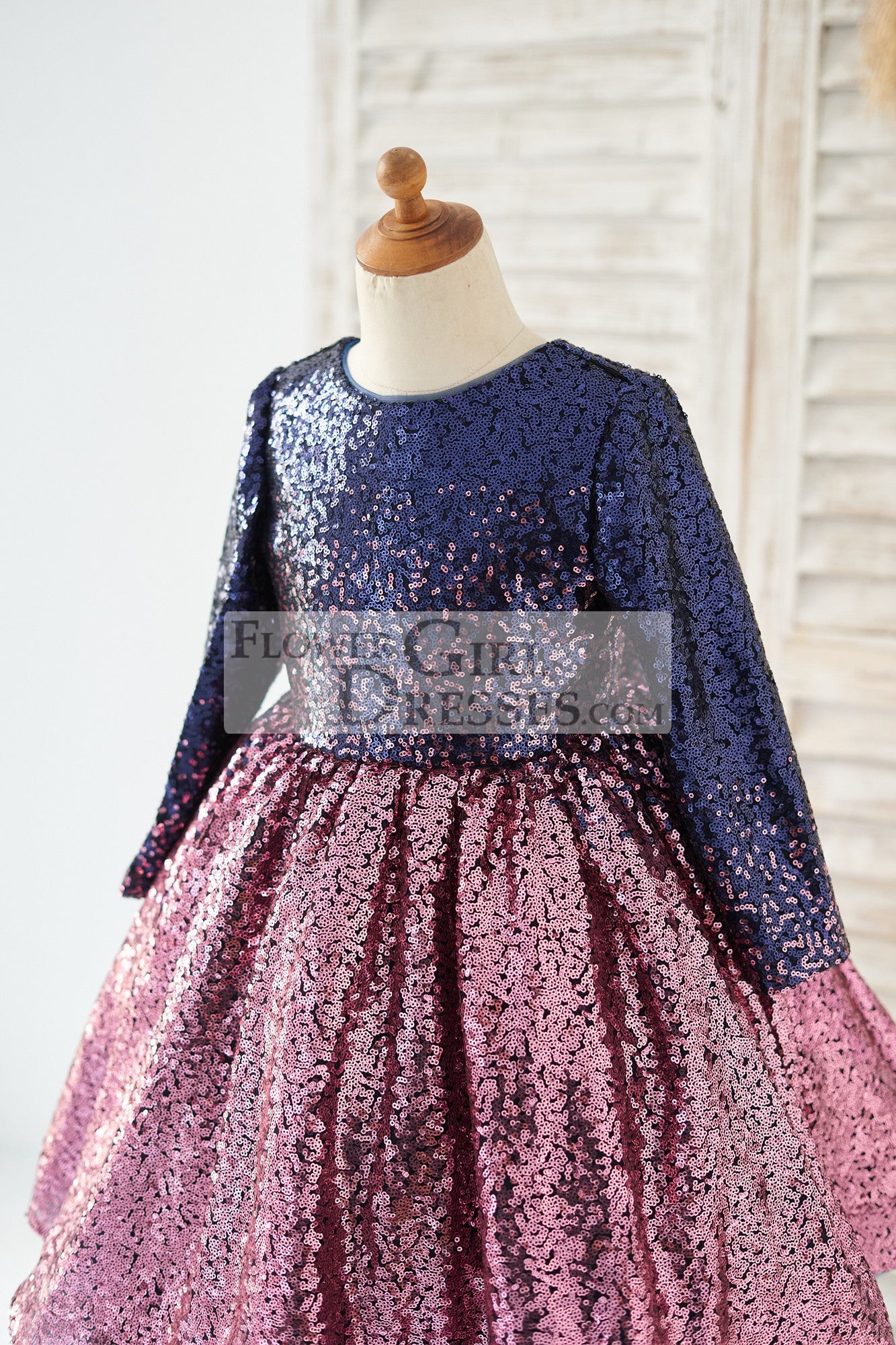 Ombre Navy Pink Sequin V Back Wedding Flower Girl Dress with Bow Kids Party Dress