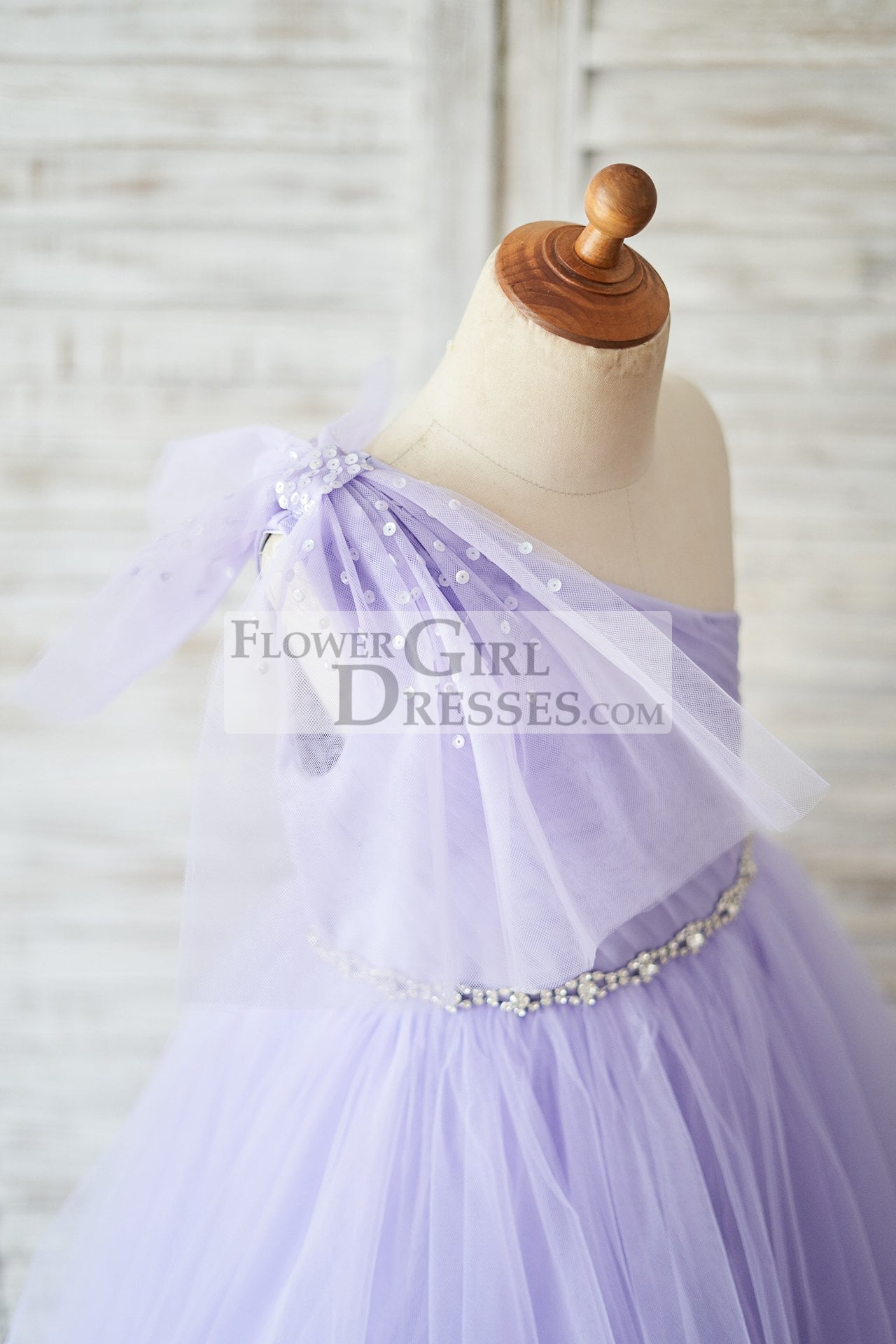 One Shoulder Beaded Lavender Tulle Wedding Flower Girl Dress