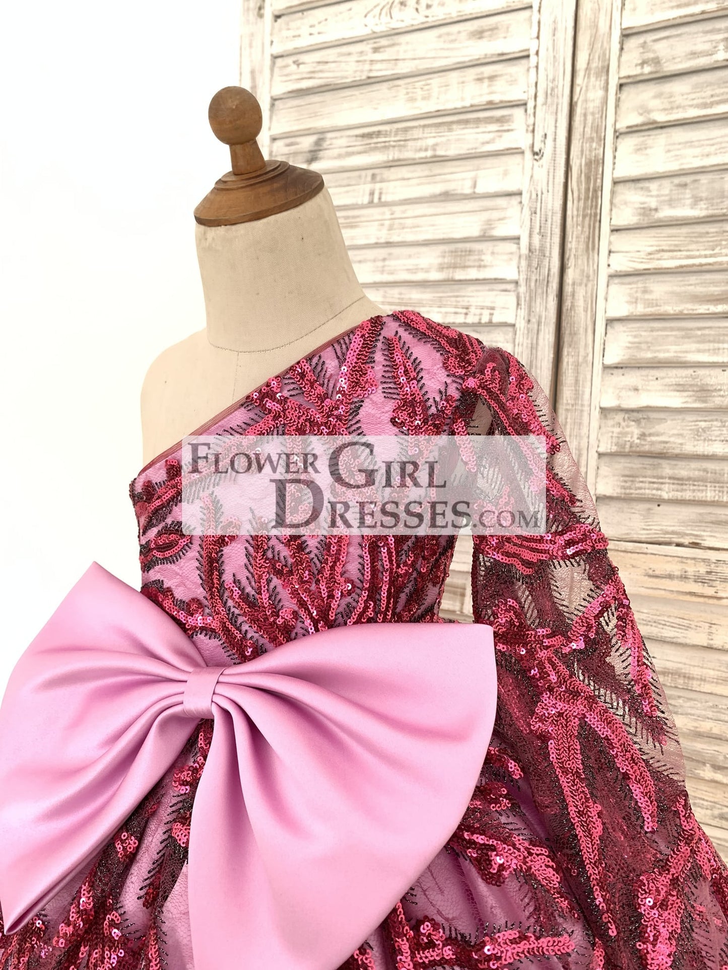 One Shoulder Single Sleeves Fuchsia Sequin Satin Wedding Flower Girl Dress Kids Birthday Party Dress