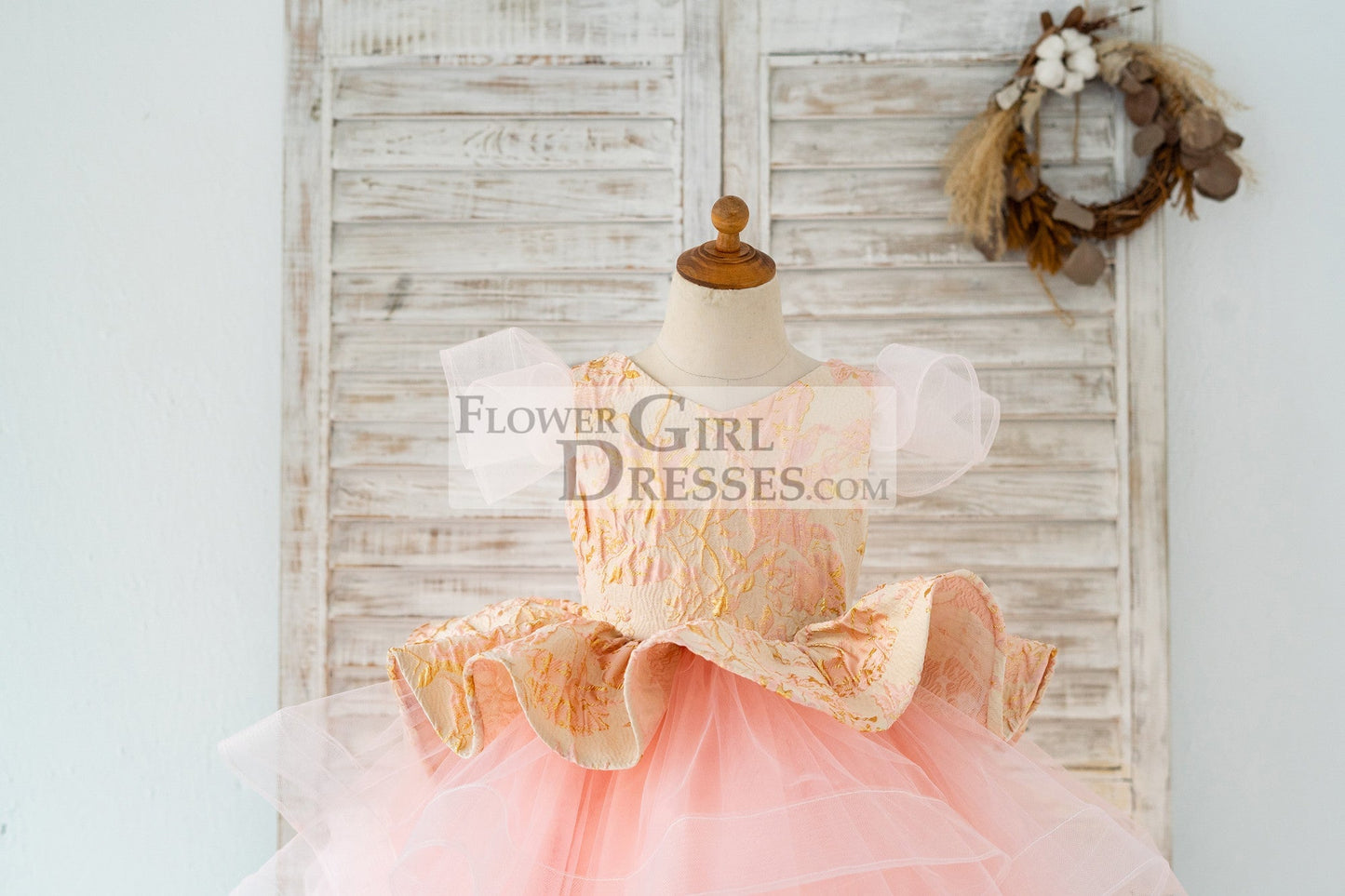 Pink Jacquard Hi Low Tulle Wedding Flower Girl Dress Kids Princess Party Dress