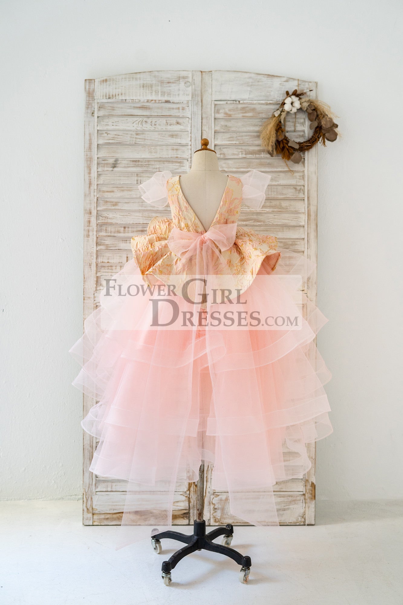 Pink Jacquard Hi Low Tulle Wedding Flower Girl Dress Kids Princess Party Dress