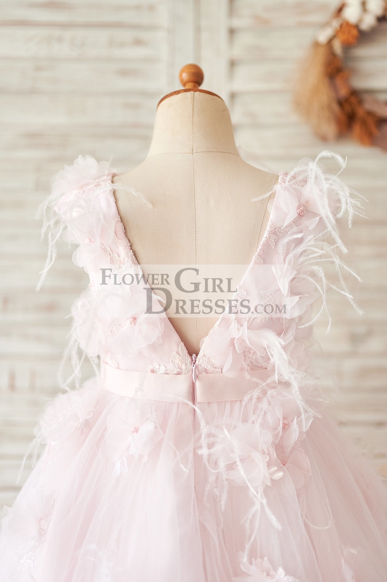 Pink Lace Tulle V Back Wedding Flower Girl Dress with Feather