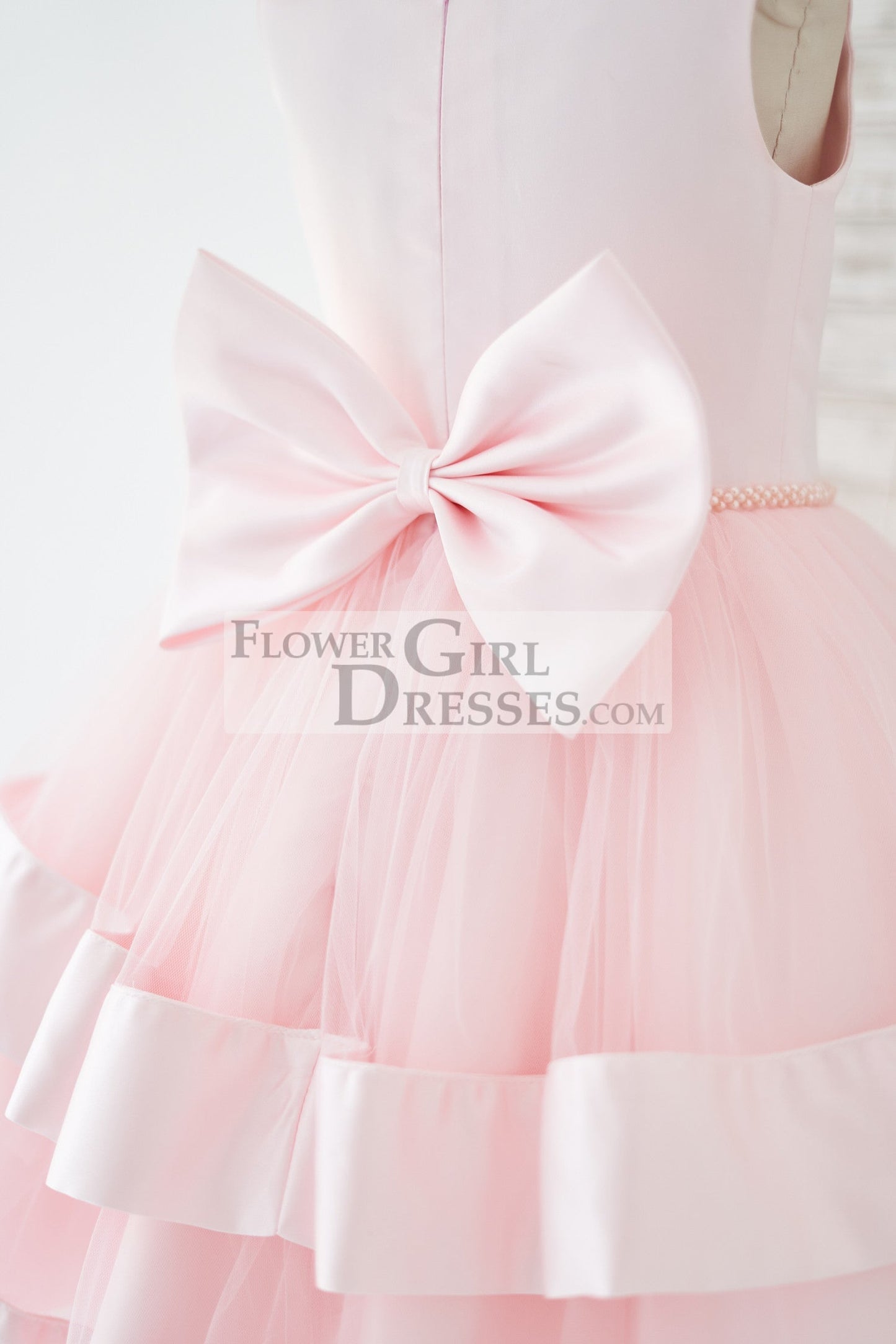 Pink Satin Tulle Cupcake Wedding Flower Girl Dress with Bow