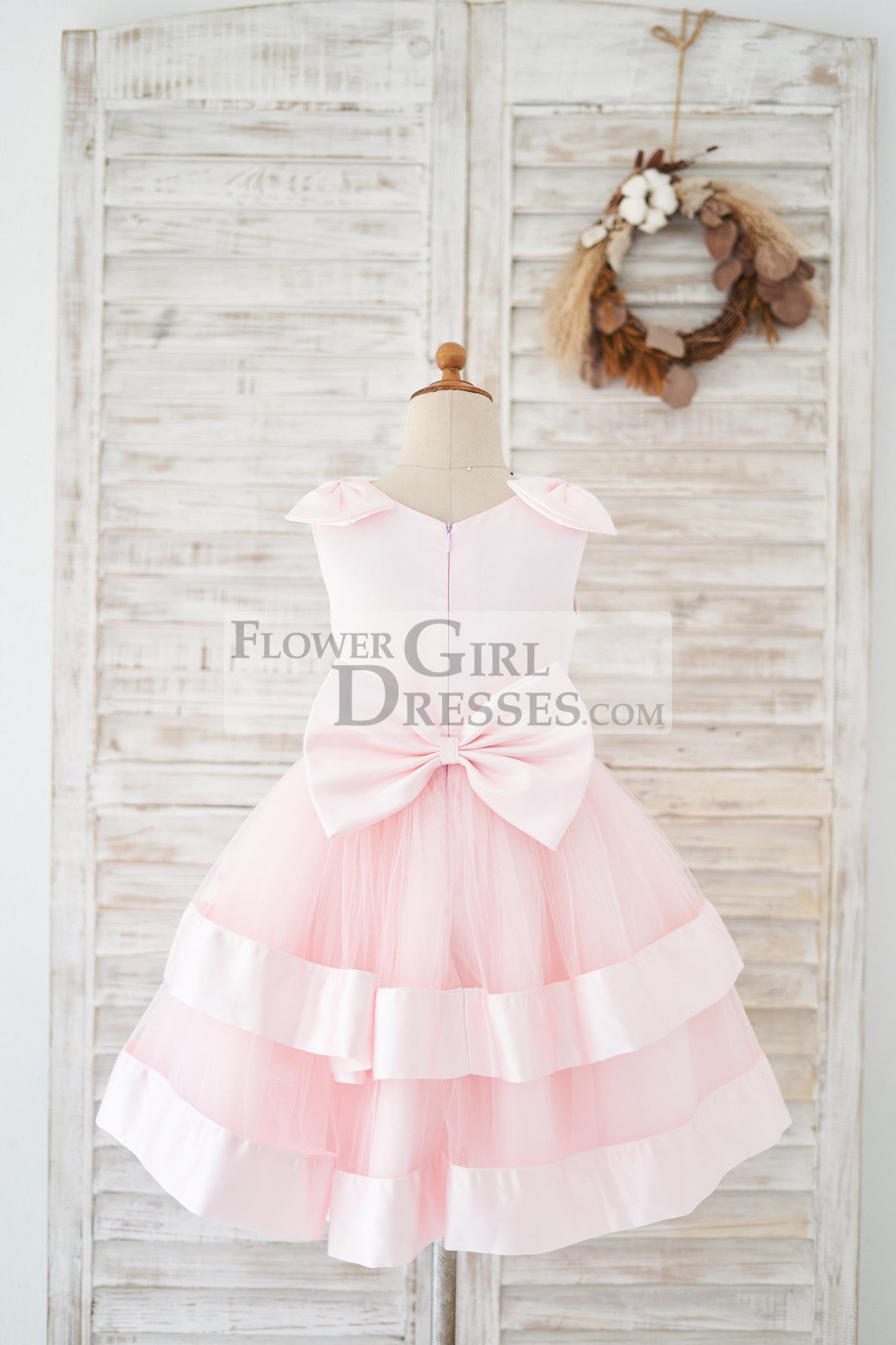 Pink Satin Tulle Cupcake Wedding Flower Girl Dress with Bow