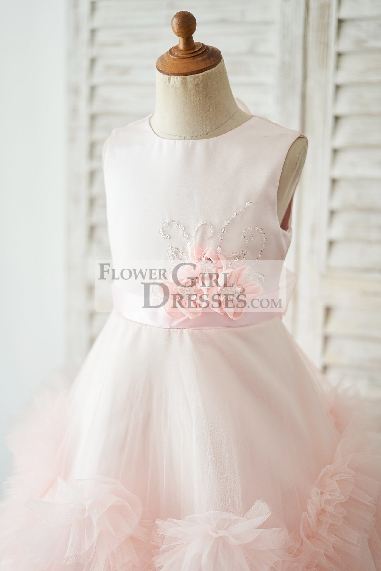 Pink Satin Tulle Keyhole Back Ruffles Wedding Flower Girl Dress