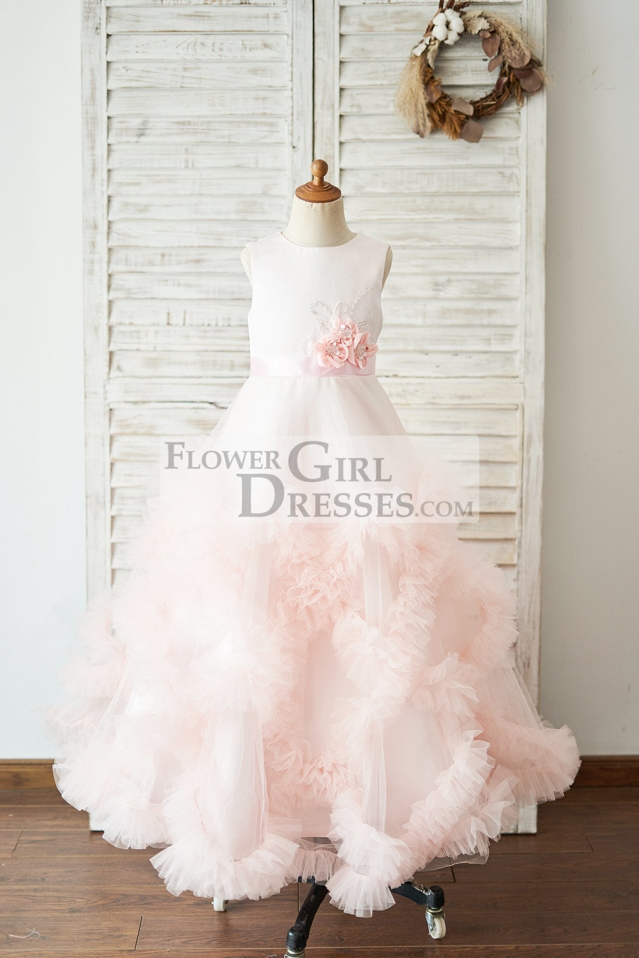 Pink Satin Tulle Keyhole Back Ruffles Wedding Flower Girl Dress