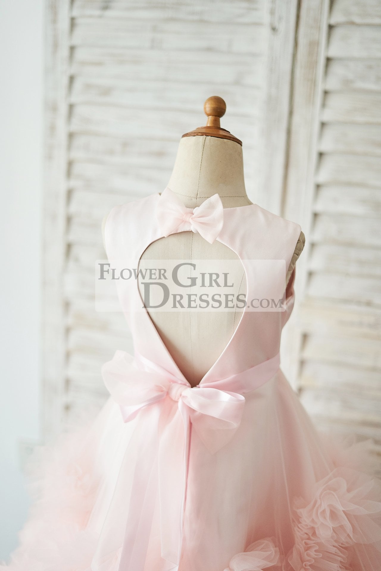 Pink Satin Tulle Keyhole Back Ruffles Wedding Flower Girl Dress