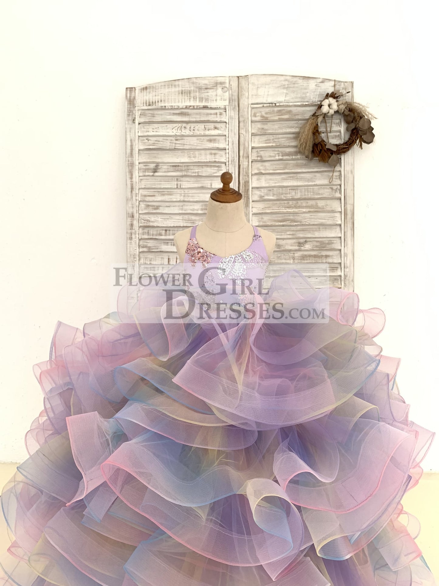 Rainbow Ruffle Tulle Butterfly Beaded Sequin Backless Wedding Flower Girl Dress Kids Birthday Party Ball Gown Dress