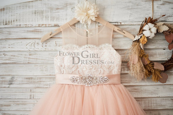 peach lace bridesmaid dresses Sheer Neck Tulle Ivory Flower Girl Dress, Beaded Sash 6T Size:5 year Size_US 4 Endless Rose Women's Scoop Orange please refer to our