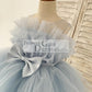 Sheer Neck Pleated Blue Tulle Wedding Flower Girl Dress Kids Party Dress