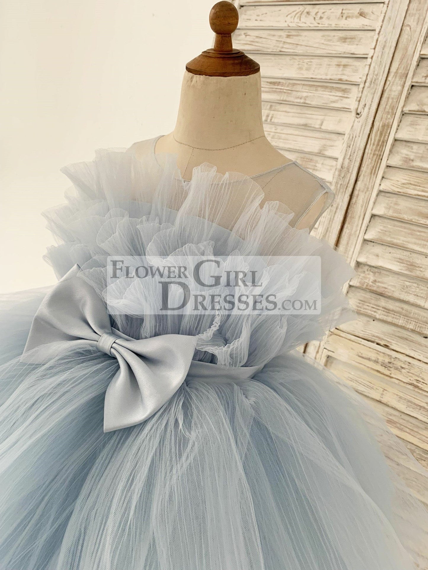 Sheer Neck Pleated Blue Tulle Wedding Flower Girl Dress Kids Party Dress