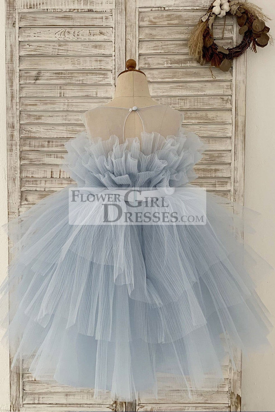 Sheer Neck Pleated Blue Tulle Wedding Flower Girl Dress Kids Party Dress