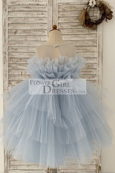 Princess Sheer Neck Pleated Dusty Blue Tulle Wedding Flower Girl - Main Image
