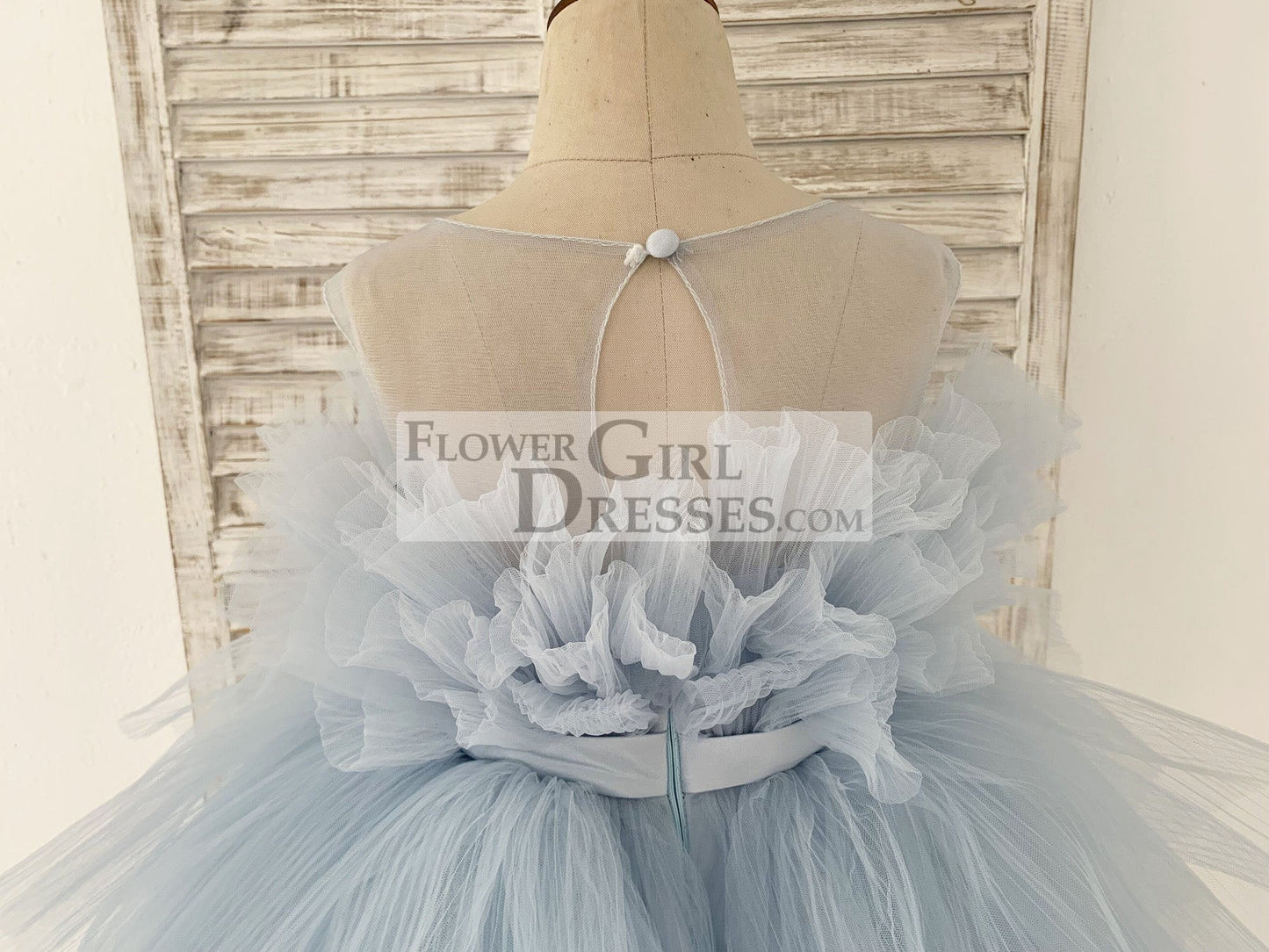 Sheer Neck Pleated Blue Tulle Wedding Flower Girl Dress Kids Party Dress