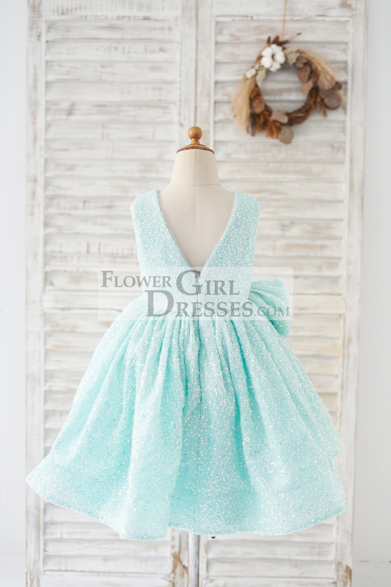 V Back Blue Sequin Wedding Flower Girl Dress Kids Party Dress with Bow
