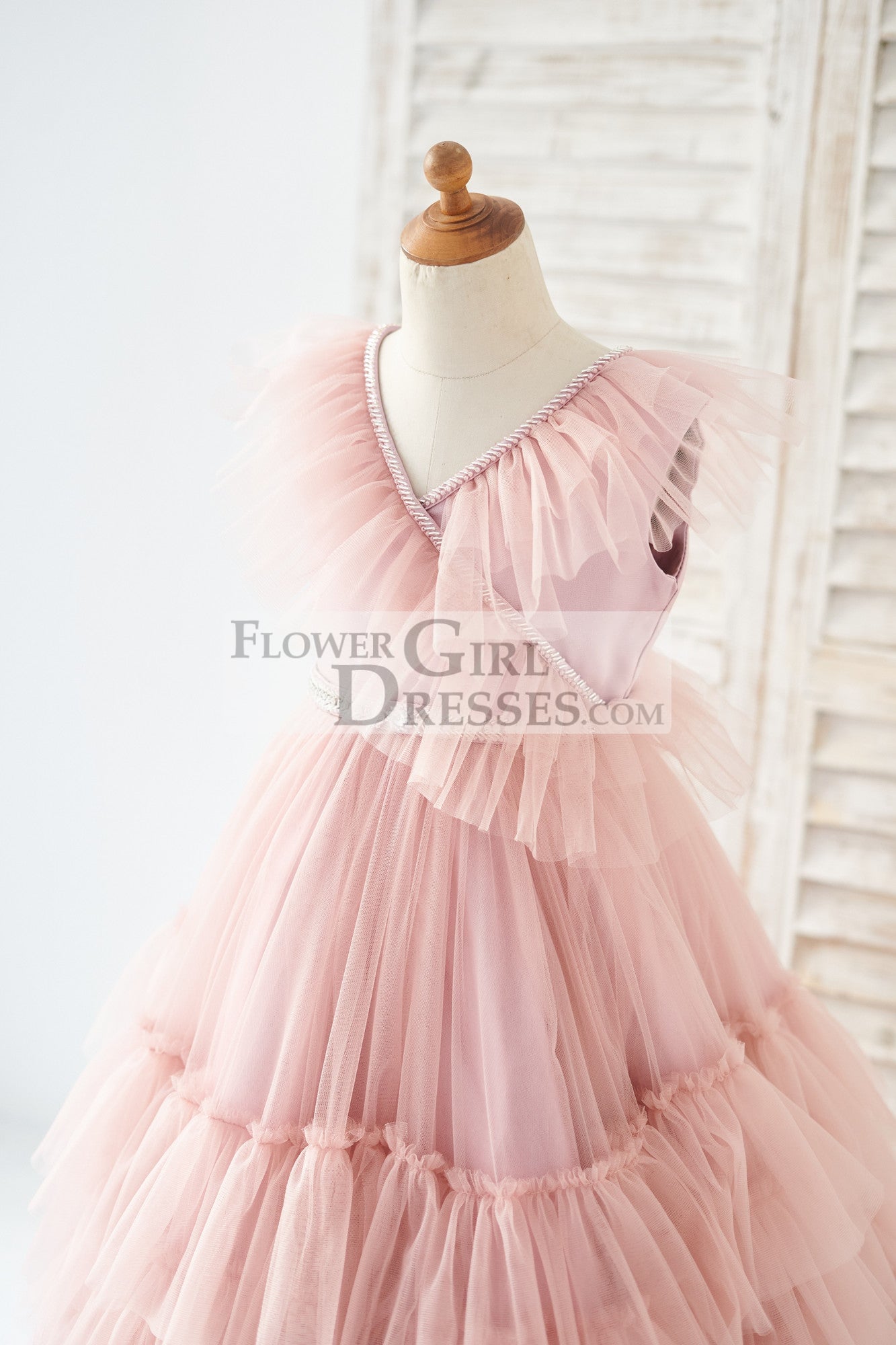 V Neck Mauve Tulle Cupcake Wedding Flower Girl Dress Kids Party Dress