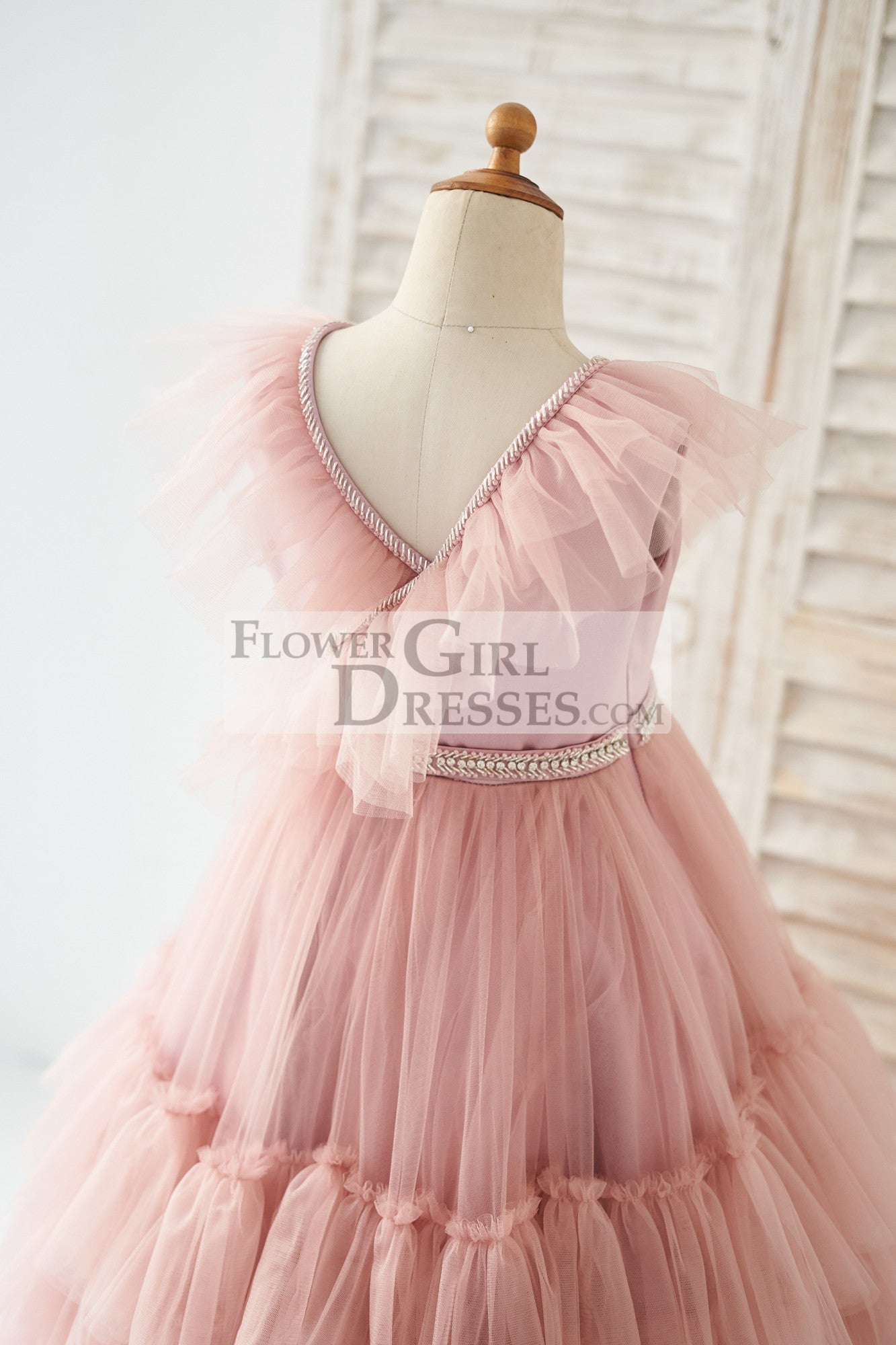 V Neck Mauve Tulle Cupcake Wedding Flower Girl Dress Kids Party Dress