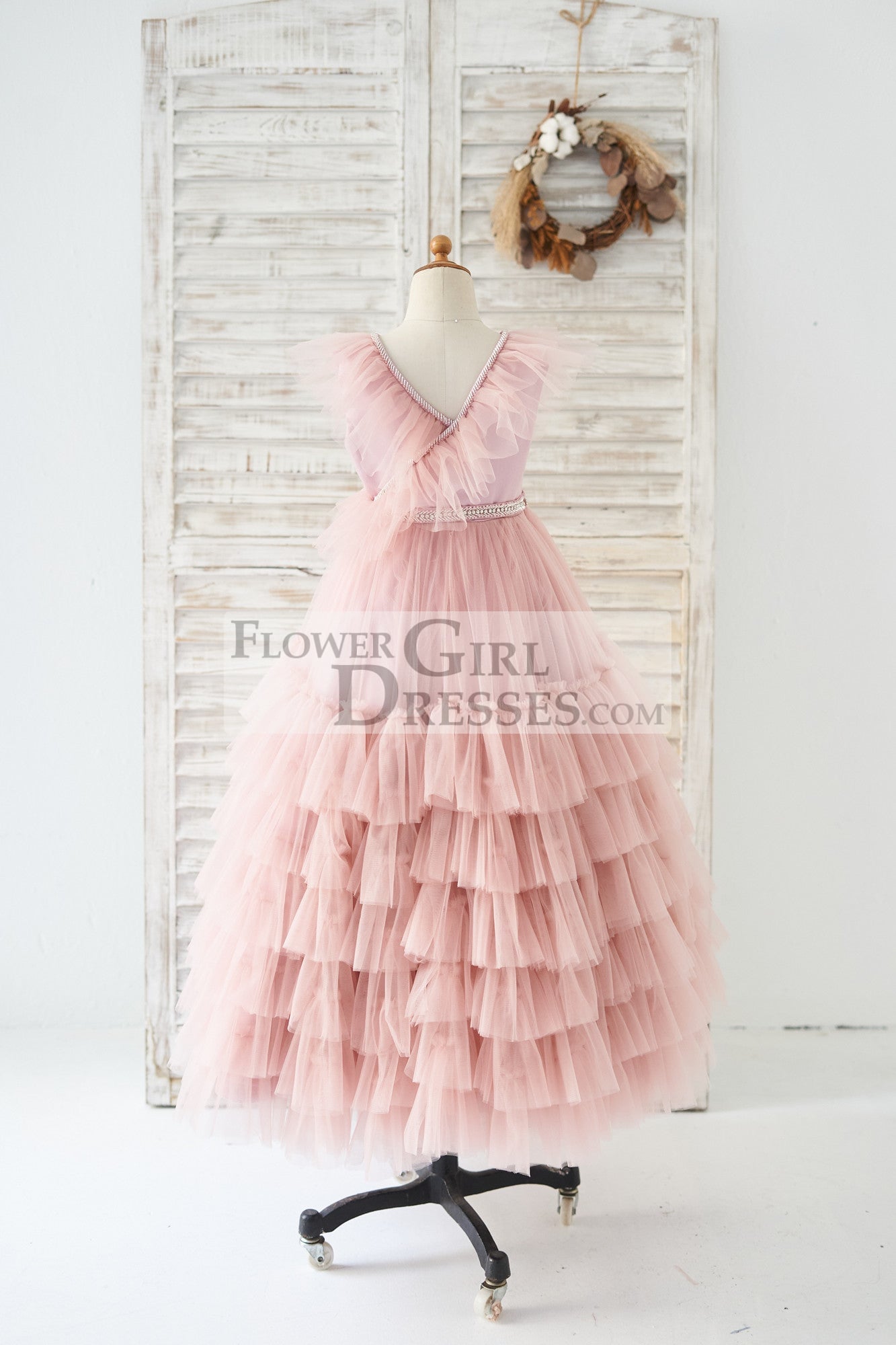 V Neck Mauve Tulle Cupcake Wedding Flower Girl Dress Kids Party Dress