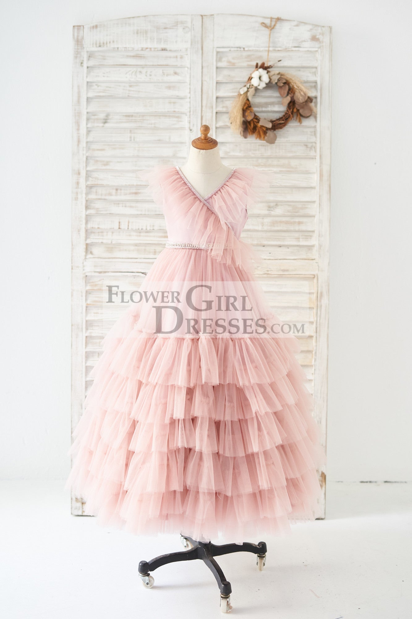 V Neck Mauve Tulle Cupcake Wedding Flower Girl Dress Kids Party Dress