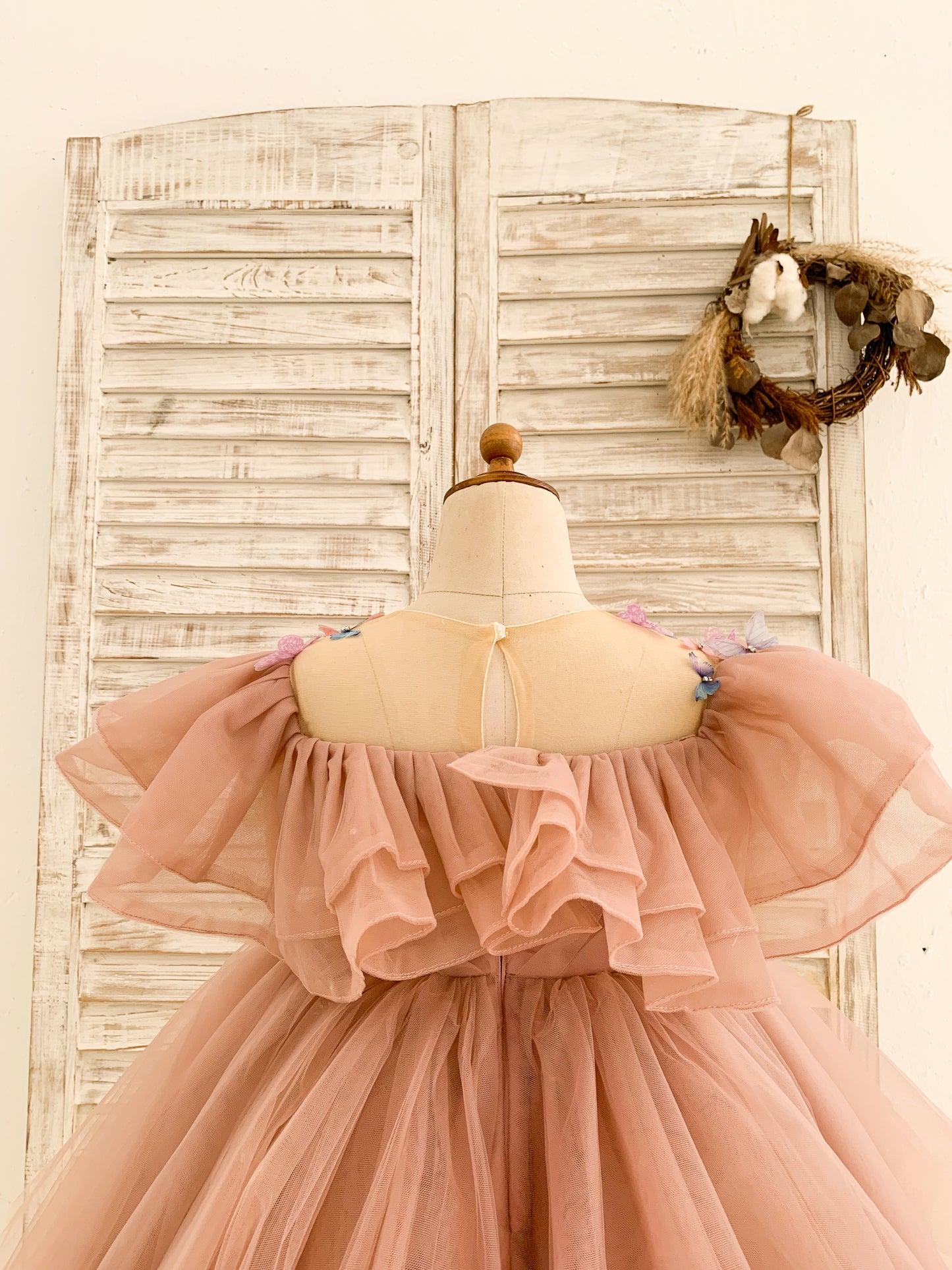 Ball Gown 3D Butterflies Mauve Tulle Ruffles Wedding Flower Girl Dress