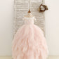 Illusion Off-Shoulder Pink Tulle Ruffle Ball Gown Wedding Party Flower Girl Dress