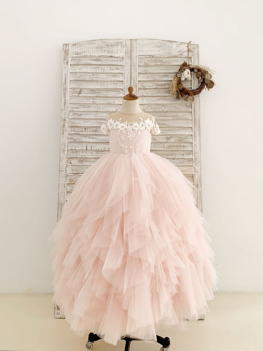 Illusion Off-Shoulder Pink Tulle Ruffle Ball Gown Wedding Party Flower Girl Dress