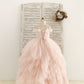 Illusion Off-Shoulder Pink Tulle Ruffle Ball Gown Wedding Party Flower Girl Dress