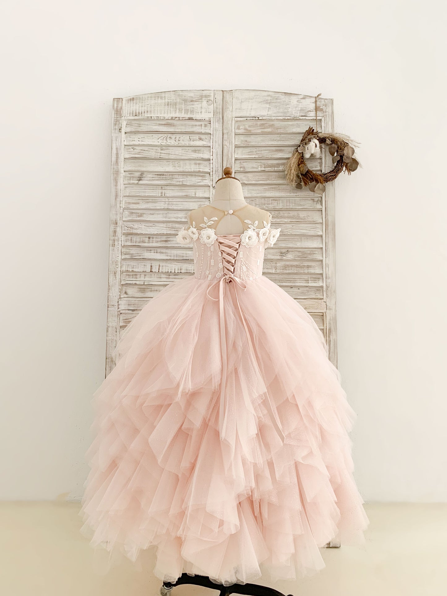 Illusion Off-Shoulder Pink Tulle Ruffle Ball Gown Wedding Party Flower Girl Dress