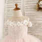 Illusion Off-Shoulder Pink Tulle Ruffle Ball Gown Wedding Party Flower Girl Dress