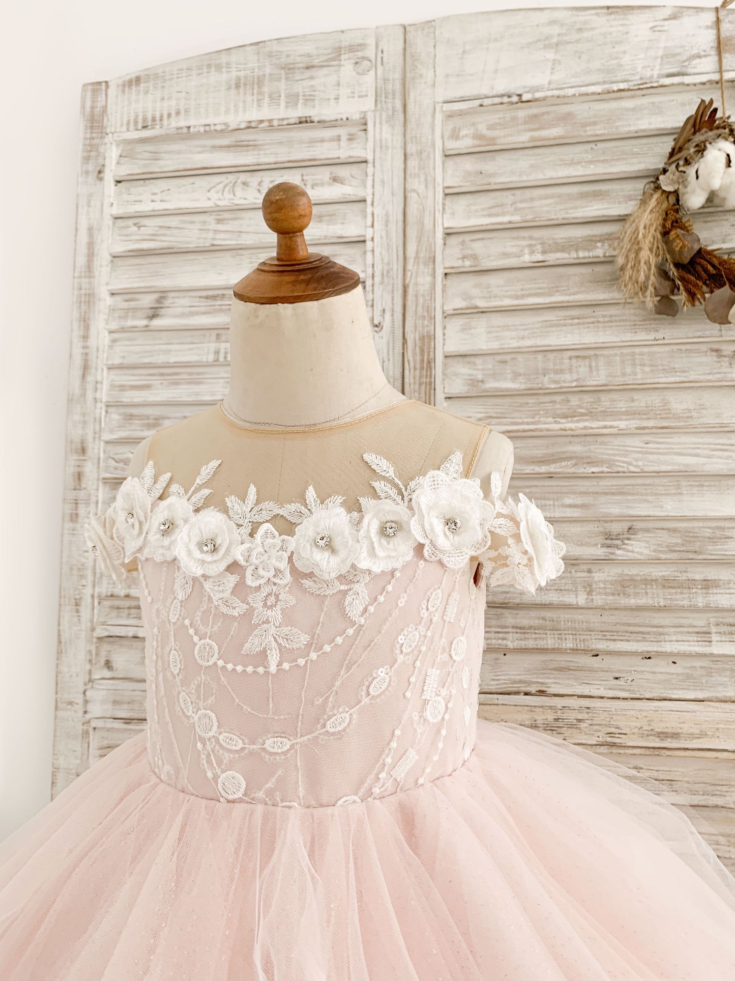 Illusion Off-Shoulder Pink Tulle Ruffle Ball Gown Wedding Party Flower Girl Dress