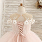 Illusion Off-Shoulder Pink Tulle Ruffle Ball Gown Wedding Party Flower Girl Dress