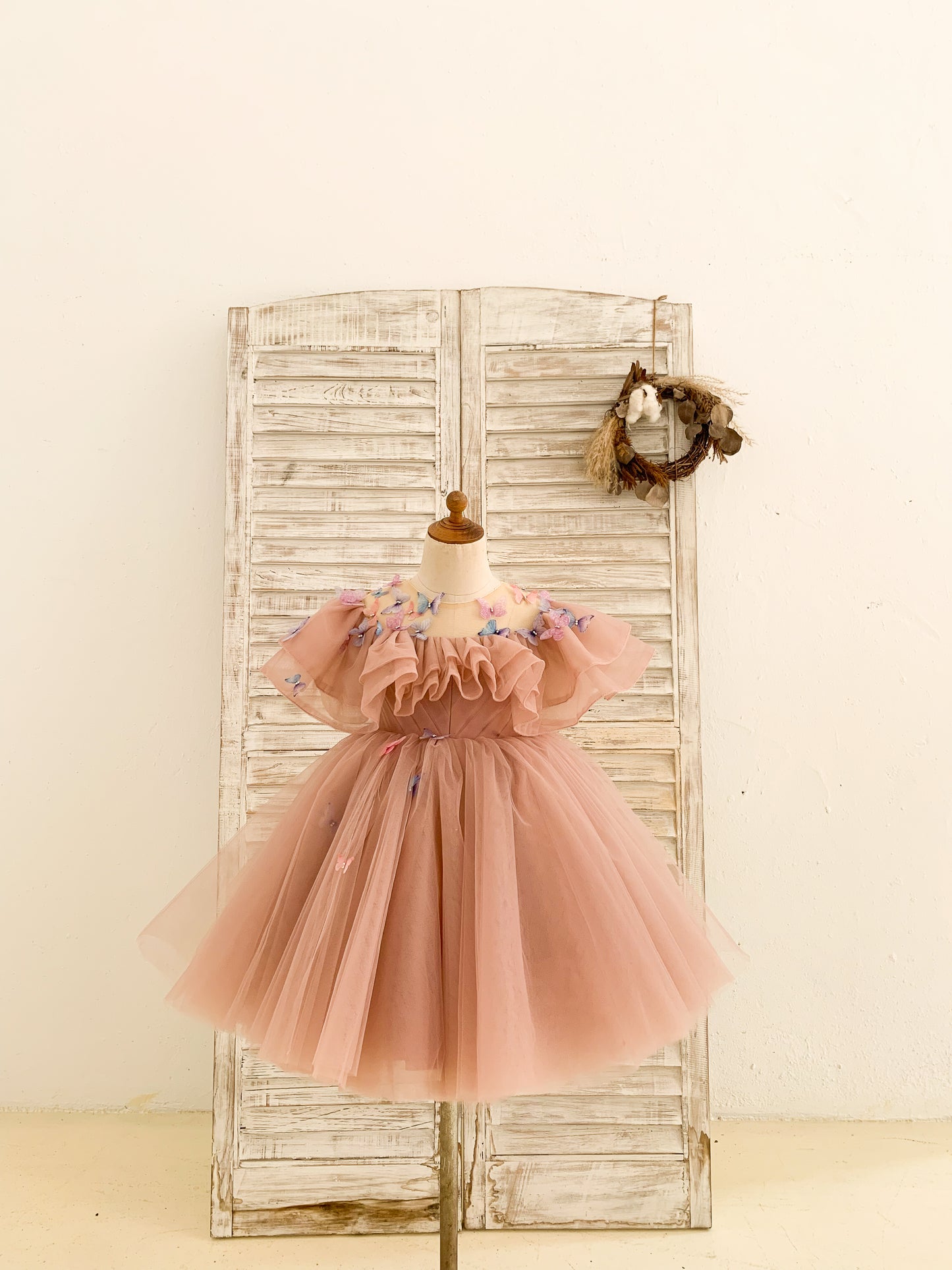 Ball Gown 3D Butterflies Mauve Tulle Ruffles Wedding Flower Girl Dress