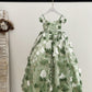 Off-Shoulder Green 3D Lace Flower Tulle Wedding Flower Girl Dress Kids Pageant Gown