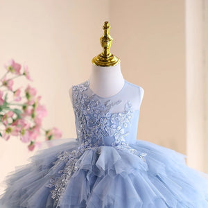 Beaded Floral Sleeveless Round Neck Blue Tulle TUTU Short Wedding Flower Girl Dress