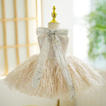 Ball Gown Feathers High Neck Sleeveless Knee Length Kids Party Flower Girl Dress, Bow