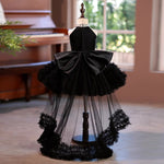 Princess Ball Gown Black Tulle Sleeveless Ruffles Wedding Flower Girl Dress, Train Bow