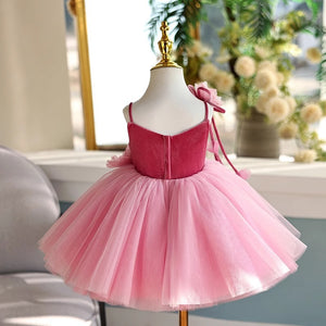 Princess Pink Tulle TUTU Straps Birthday Wedding Party Flower Girl Dress, Flowers