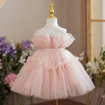 Pearled Sheer Neck Sleeveless Keyhole Ruffled Pink Tulle Wedding Flower Girl Dress, Belt