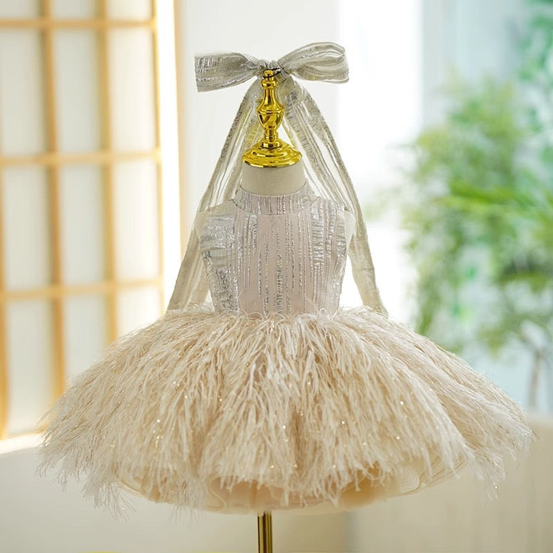 Ball Gown Feathers High Neck Sleeveless Knee Length Kids Party Flower Girl Dress, Bow