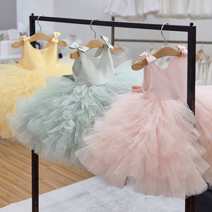 TUTU Ball Gown Yellow Satin Tulle Sleeveless Kids Party Wedding Flower Girl Dress, Bows
