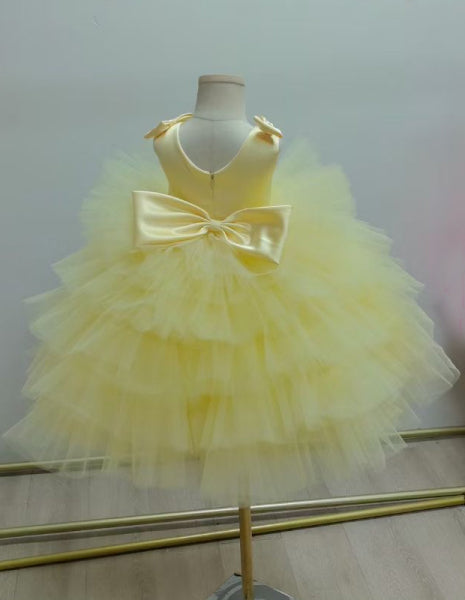 TUTU Ball Gown Yellow Satin Tulle Sleeveless Kids Party Wedding Flower Girl Dress, Bows