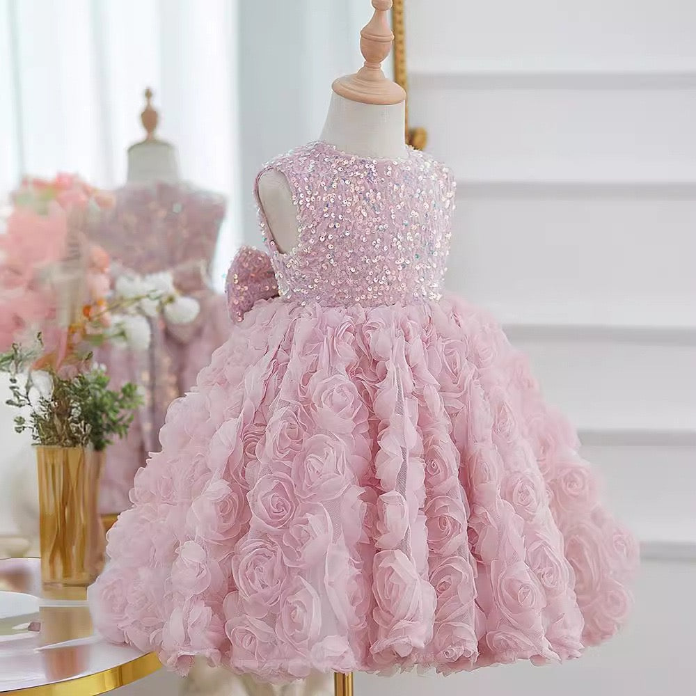 Ball Gown Sequined 3D Rosette Sleeveless Knee Length Wedding Party Flower Girl Dress, Bow