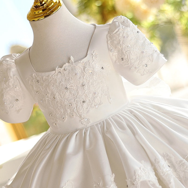 Square Neck Beaded Lace White Taffeta Bubble Birthday Wedding Flower Girl Dress, Bow