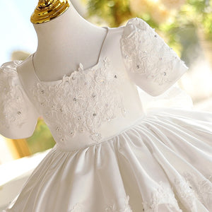 Square Neck Beaded Lace White Taffeta Bubble Birthday Wedding Flower Girl Dress, Bow